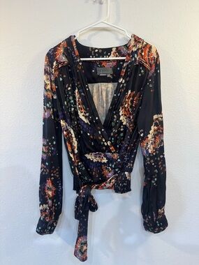 Anthropology V Neck Faux Wrap Black & Orange Tie Waist